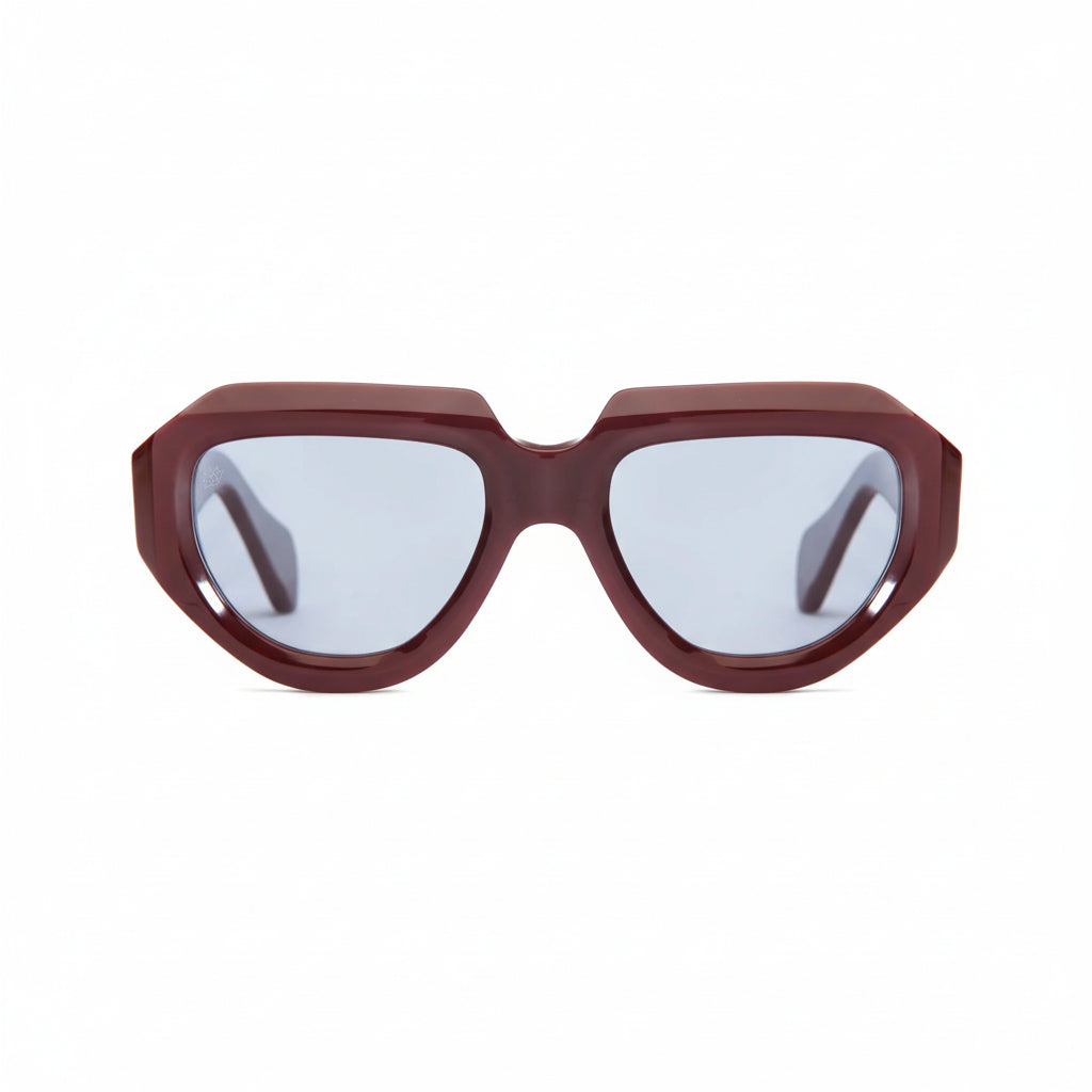 Sunglasses with a maroon frame and reflective lenses on a white background