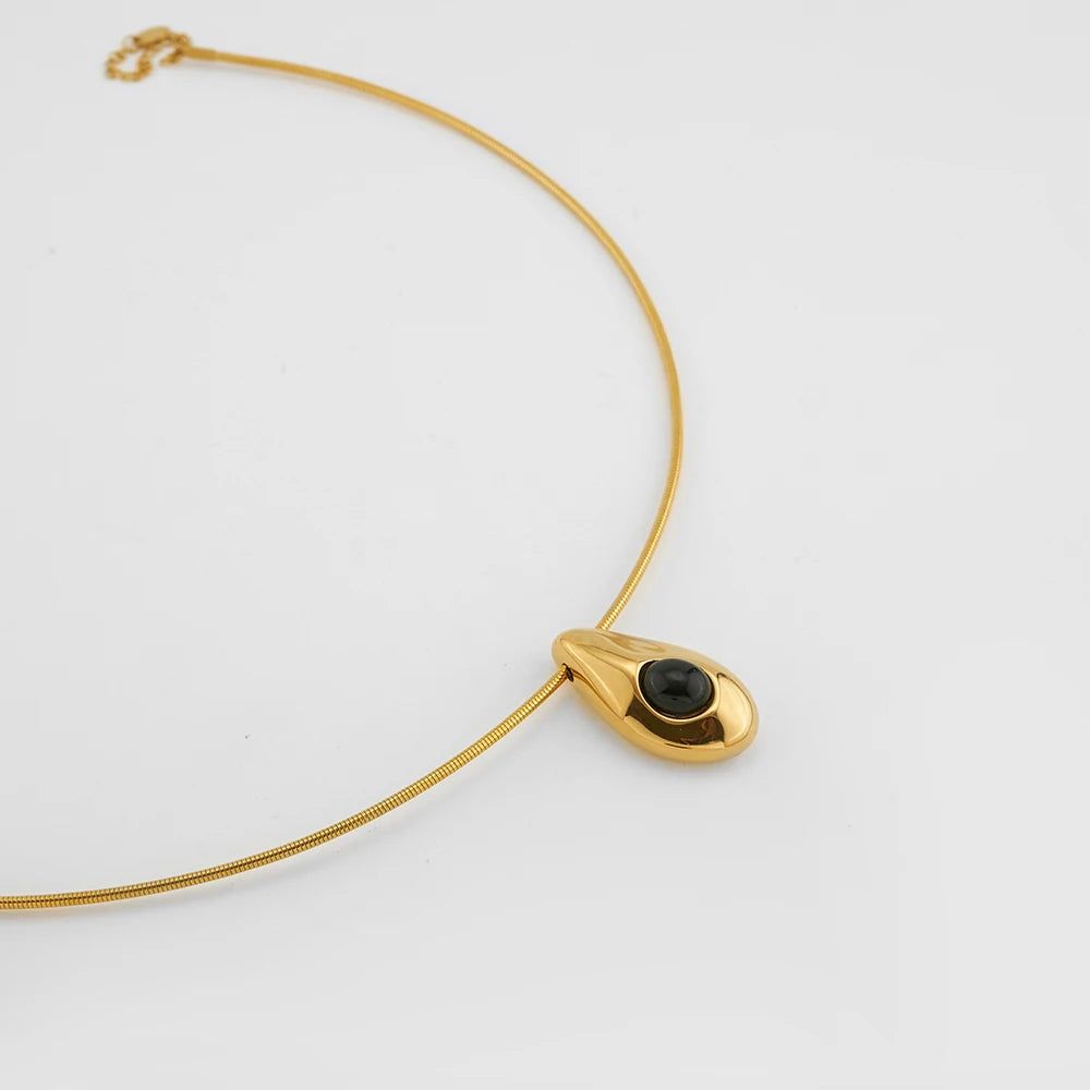 Latest 18K Gold Plated Stainless Steel Jewelry Snake Chain WaterDrop Agate Pendant Necklace
