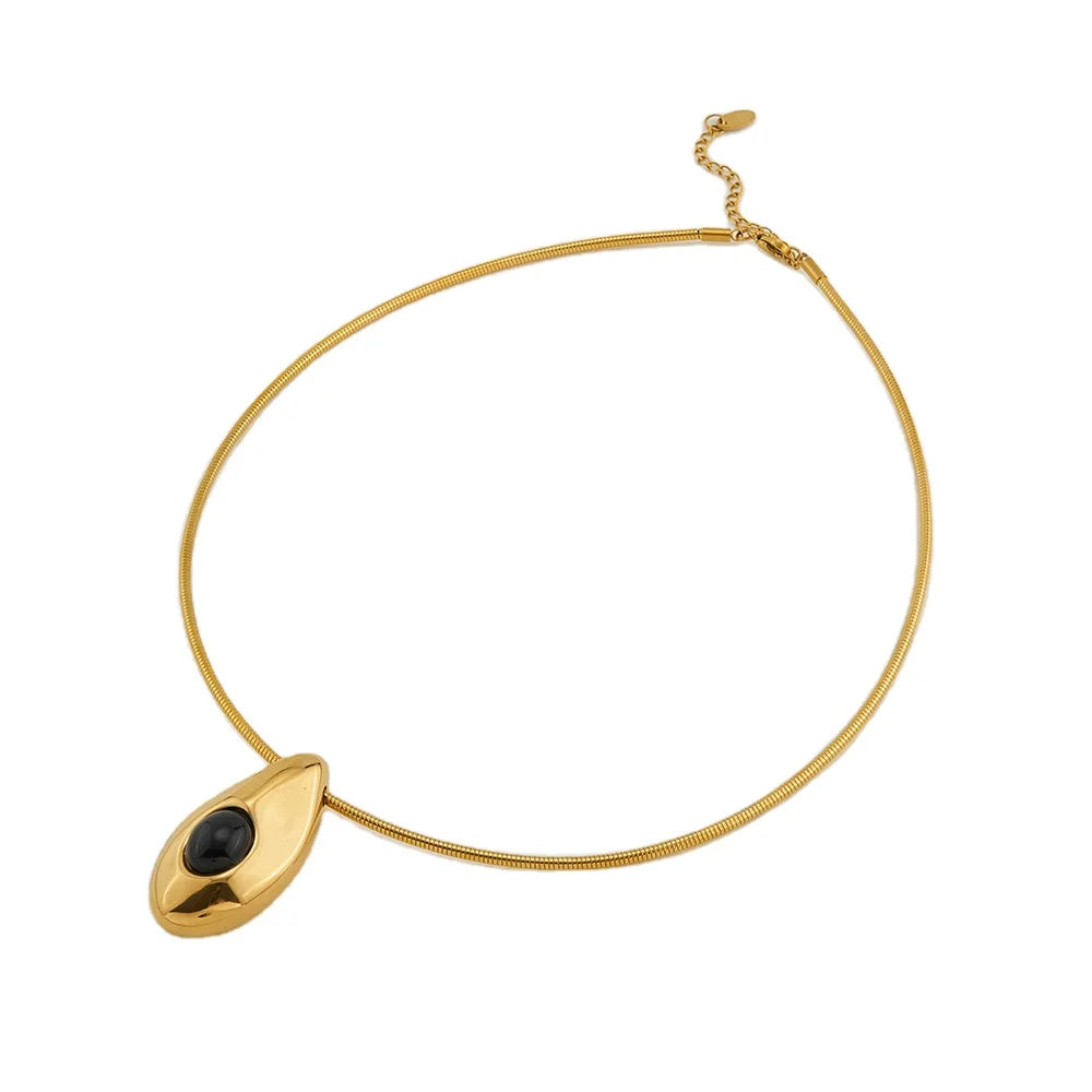 Latest 18K Gold Plated Stainless Steel Jewelry Snake Chain WaterDrop Agate Pendant Necklace