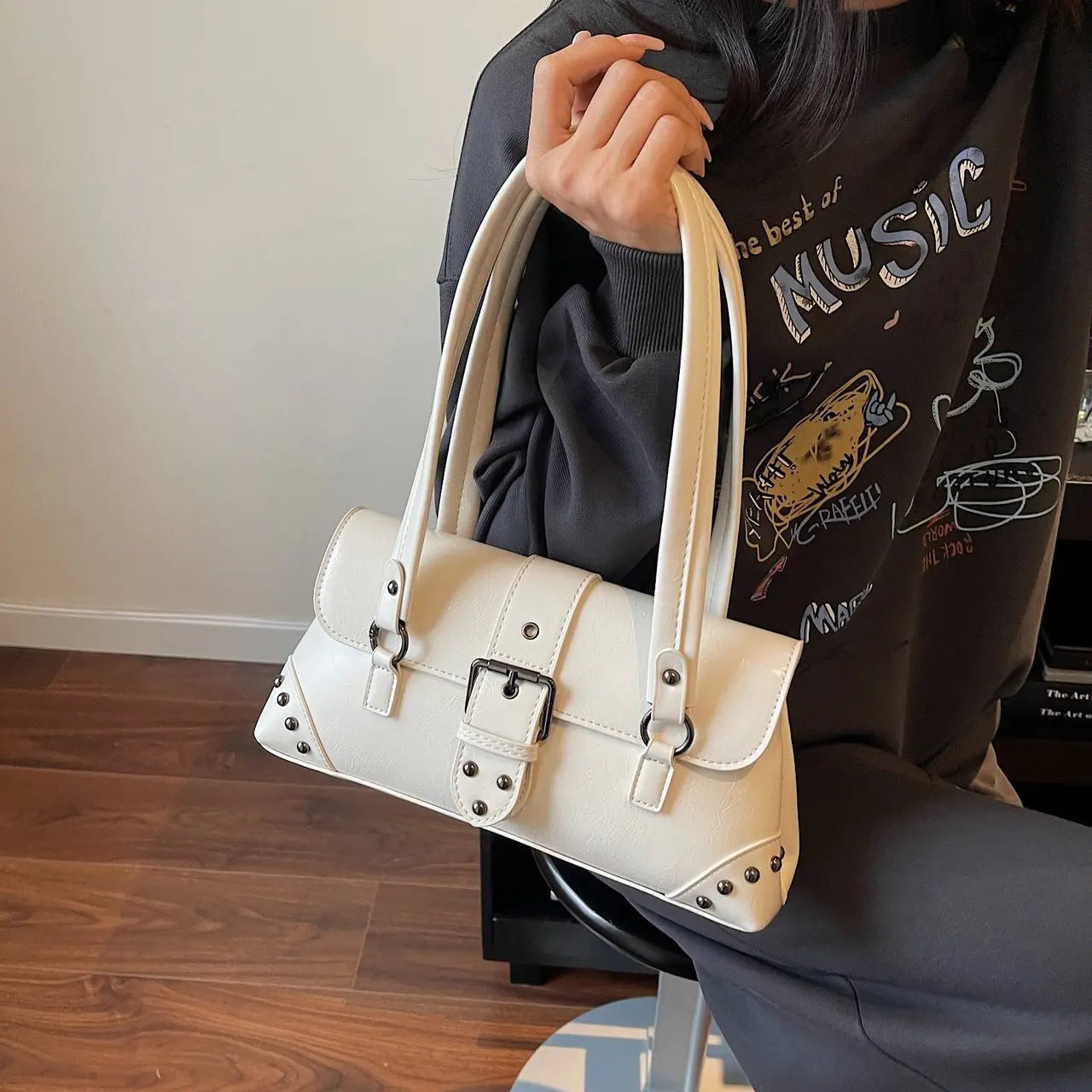 Buckle Detail Structured Shoulder Bag