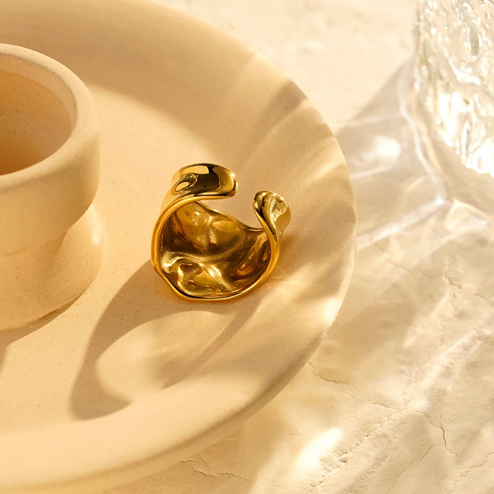 Latest 18K Gold Plated Stainless Steel Jewelry Irregular Concave Convex Wrinkled Finger Ring Waterproof for Women Ring R254508