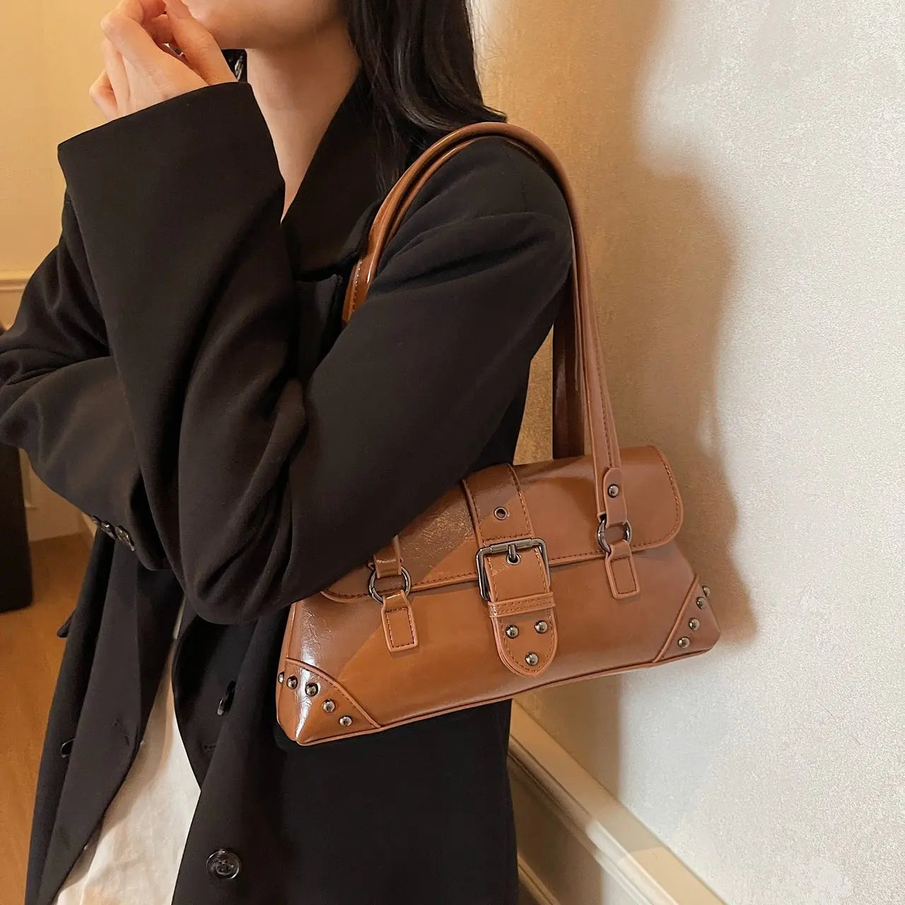 Buckle Detail Structured Shoulder Bag