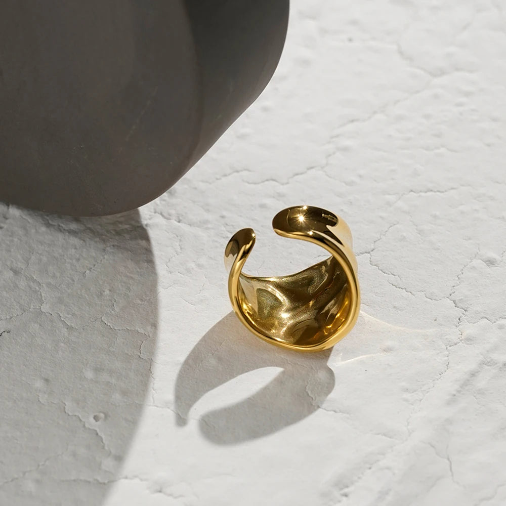 Latest 18K Gold Plated Stainless Steel Jewelry Irregular Concave Convex Wrinkled Finger Ring Waterproof for Women Ring R254508