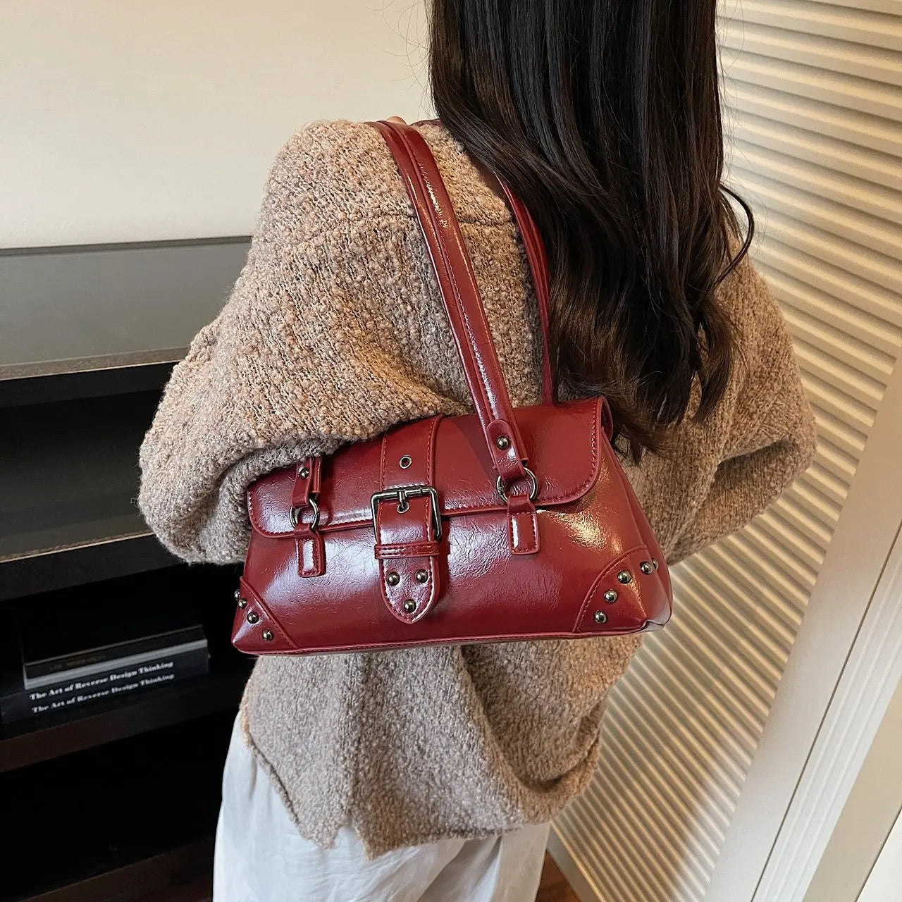 Buckle Detail Structured Shoulder Bag