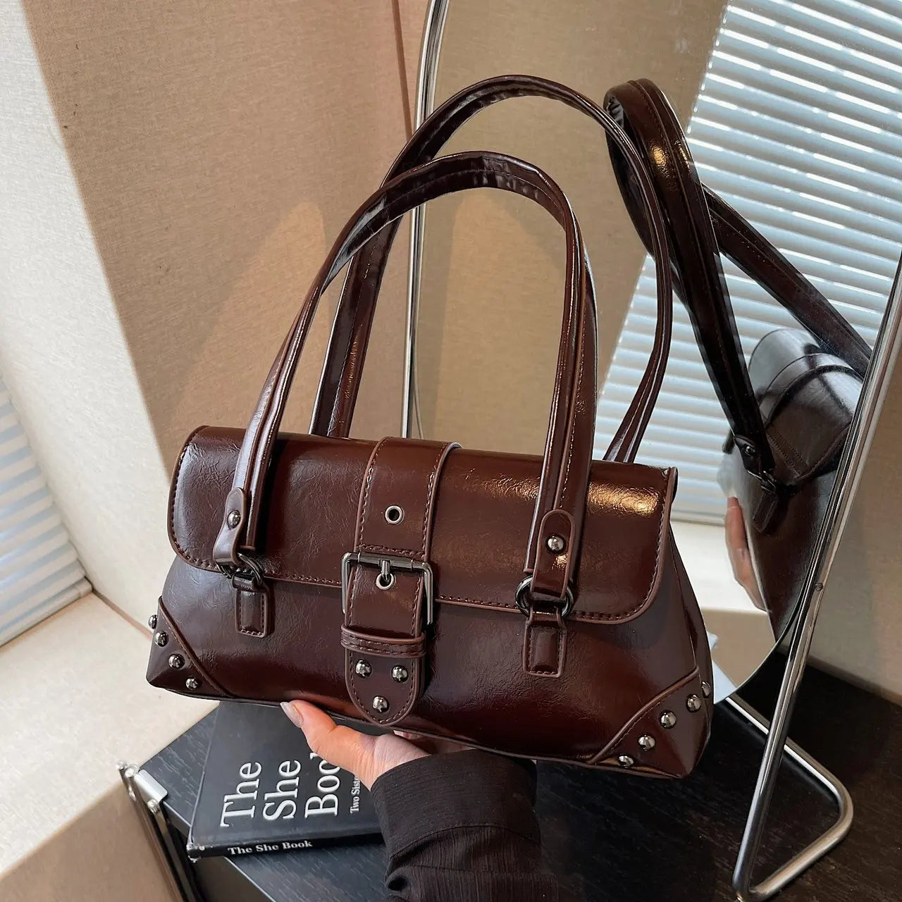 Buckle Detail Structured Shoulder Bag